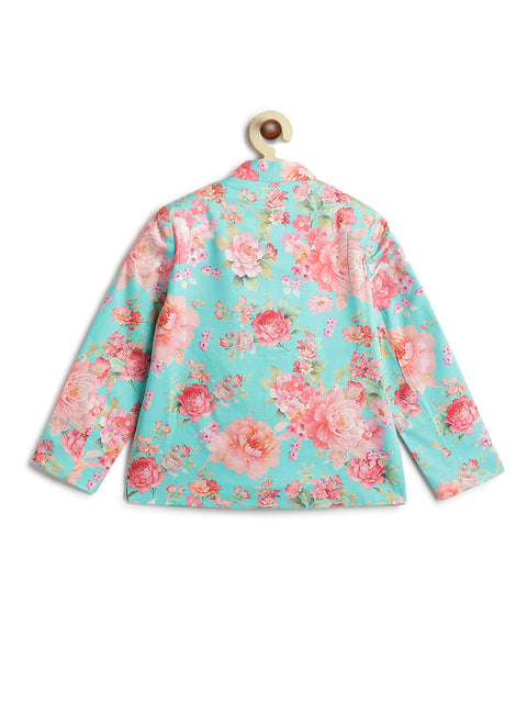 Pre-Order: Boy Floral Print Bandhgala Set - Blue