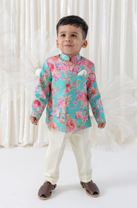 Pre-Order: Boy Floral Print Bandhgala Set - Blue