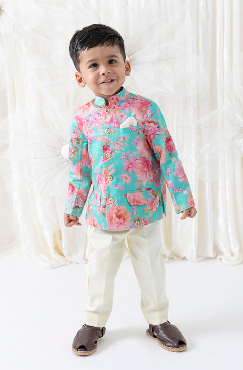 Pre-Order: Boy Floral Print Bandhgala Set - Blue