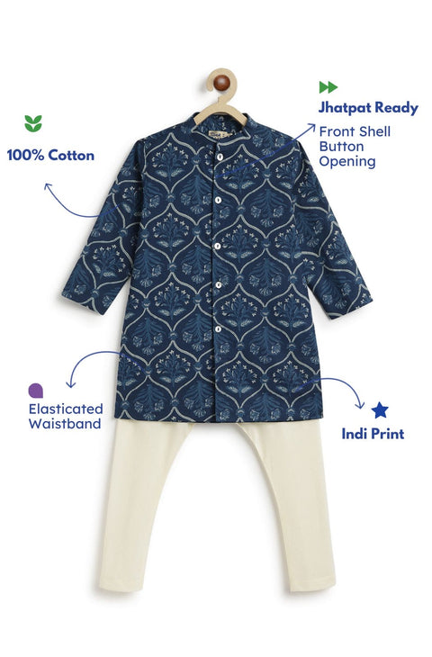 Pre-Order: Boy Floral Print Kurta Pyjama Set-Blue