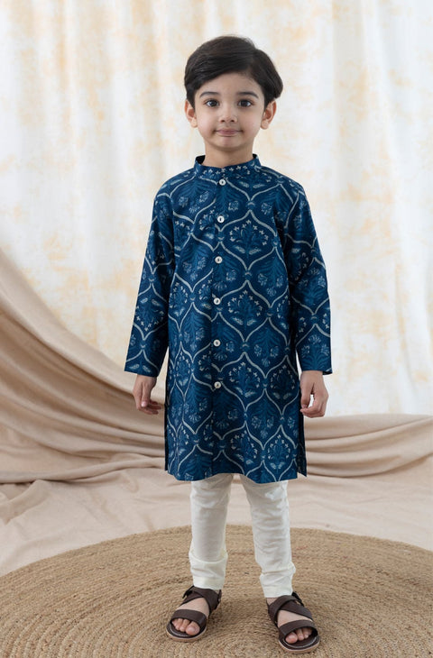 Pre-Order: Boy Floral Print Kurta Pyjama Set-Blue