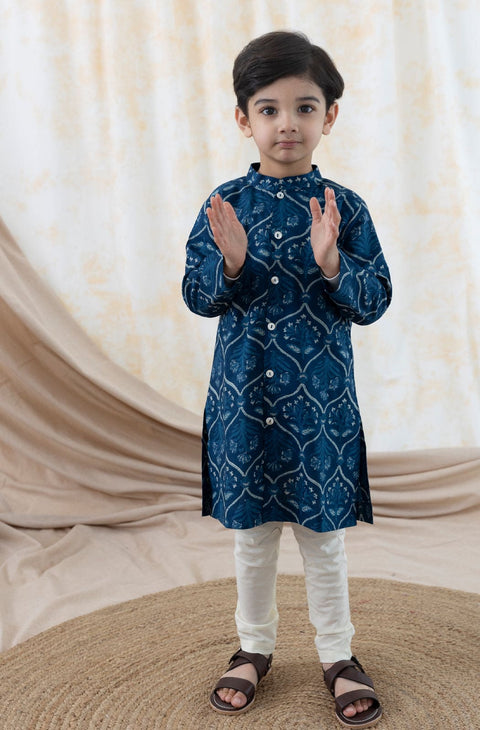 Pre-Order: Boy Floral Print Kurta Pyjama Set-Blue