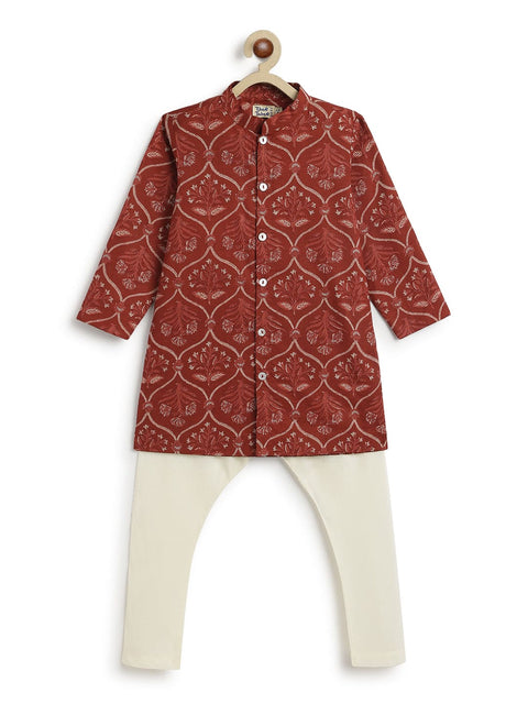 Pre-Order: Boy Floral Print Kurta Pyjama Set-Maroon