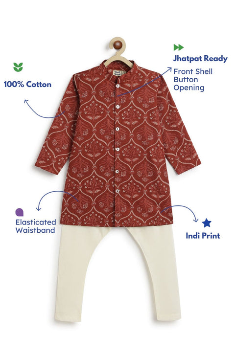 Pre-Order: Boy Floral Print Kurta Pyjama Set-Maroon