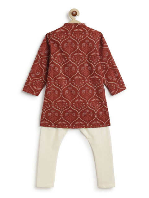 Pre-Order: Boy Floral Print Kurta Pyjama Set-Maroon