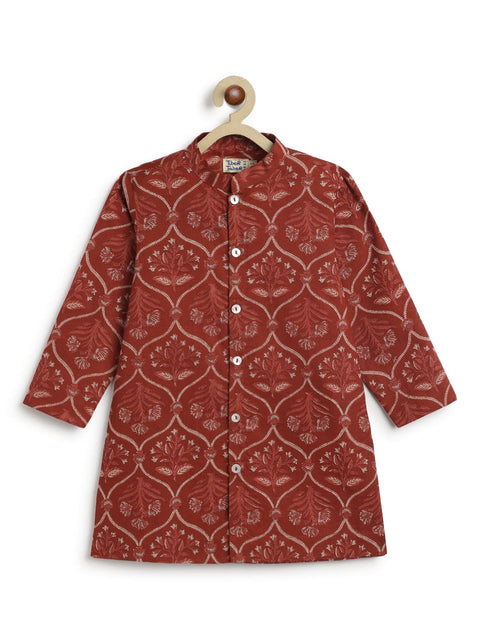 Pre-Order: Boy Floral Print Kurta Pyjama Set-Maroon
