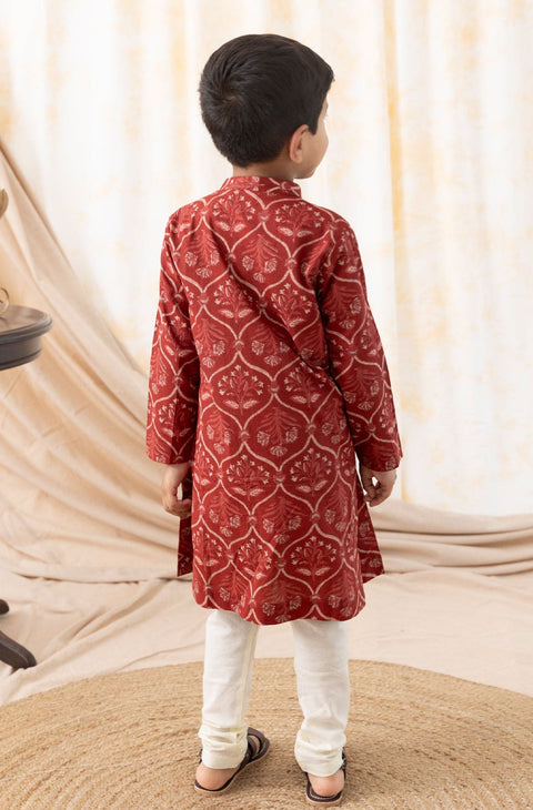 Pre-Order: Boy Floral Print Kurta Pyjama Set-Maroon