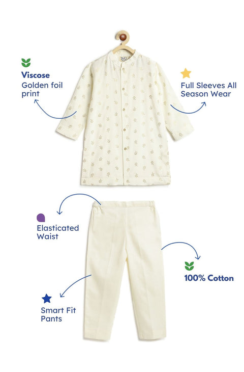 Pre-Order: Boy Foil Print Kurta Pant Set - Cream