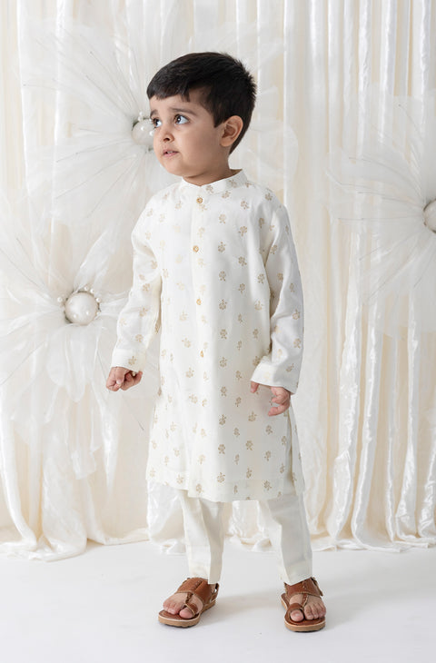 Pre-Order: Boy Foil Print Kurta Pant Set - Cream