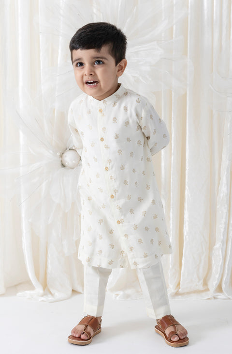 Pre-Order: Boy Foil Print Kurta Pant Set - Cream