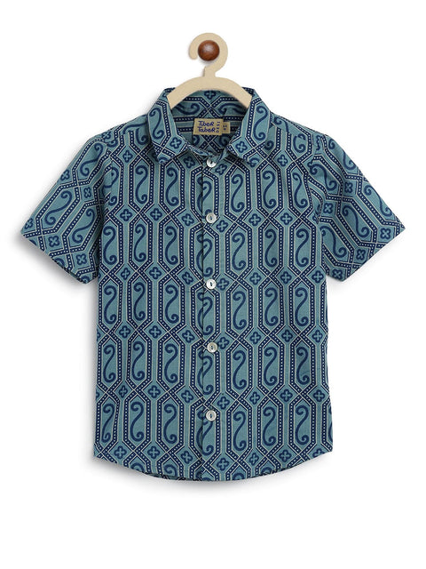 Pre-Order: Boy Geometric Print Shirt-Blue