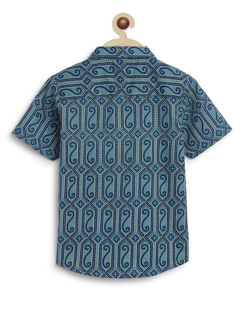 Pre-Order: Boy Geometric Print Shirt-Blue