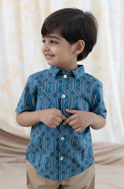 Pre-Order: Boy Geometric Print Shirt-Blue