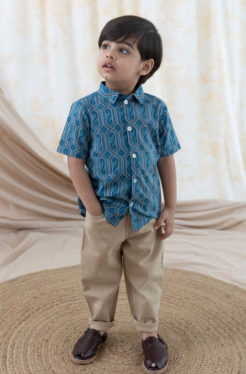 Pre-Order: Boy Geometric Print Shirt-Blue