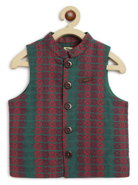 Pre-Order: Boy Jacquard Multi 3 Pc Bundi Set - Maroon