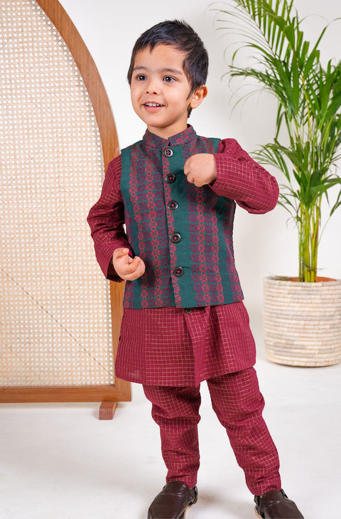 Pre-Order: Boy Jacquard Multi 3 Pc Bundi Set - Maroon