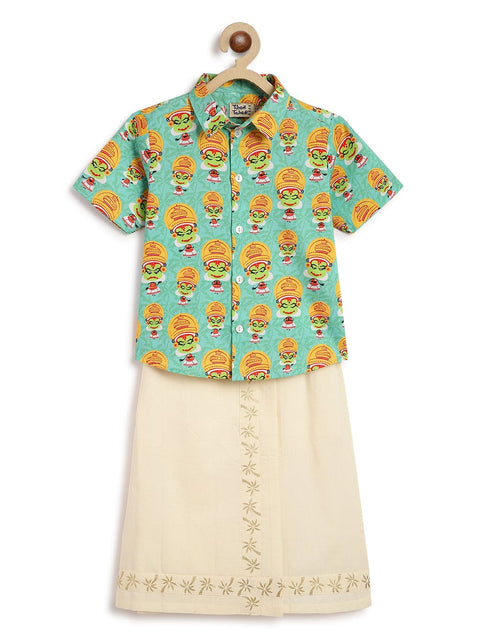 Pre-Order: Boy Kathakali Shirt Mundu Set-Green