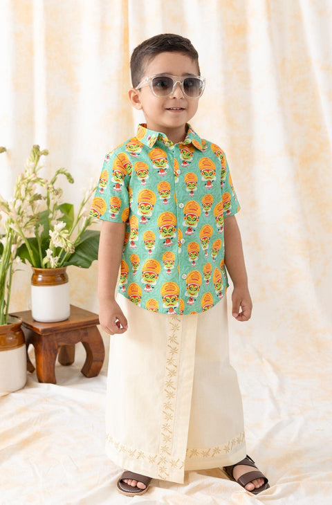 Pre-Order: Boy Kathakali Shirt Mundu Set-Green