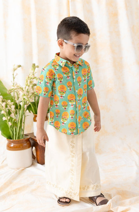 Pre-Order: Boy Kathakali Shirt Mundu Set-Green
