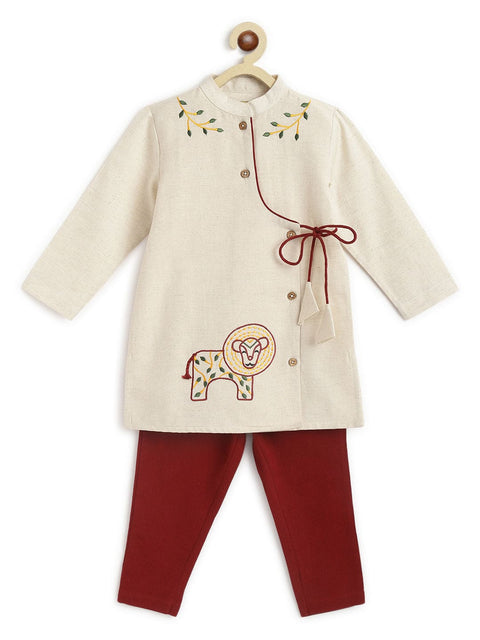 Pre-Order: Boy Lion Kurta Pyjama Set - Cream