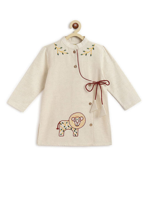Boy Lion Kurta Pyjama Set - Cream