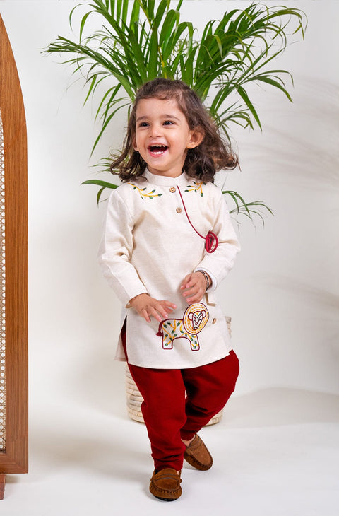 Pre-Order: Boy Lion Kurta Pyjama Set - Cream
