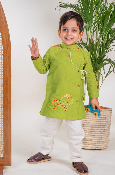 Pre-Order: Boy Lion Kurta Pyjama Set - Green