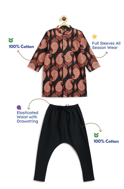 Pre-Order: Boy Paisley Print Kurta Set - Black