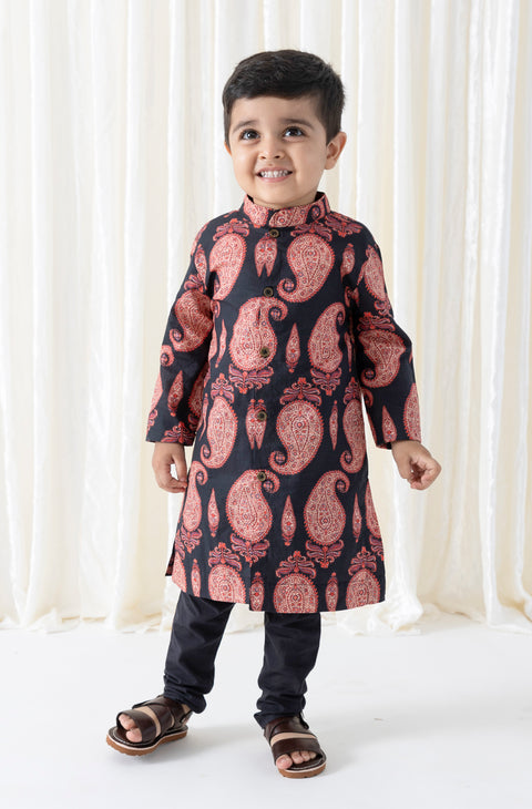 Pre-Order: Boy Paisley Print Kurta Set - Black