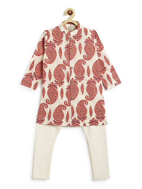 Pre-Order: Boy Paisley Print Kurta Set - Cream