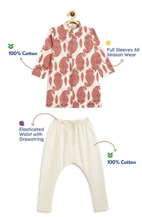Pre-Order: Boy Paisley Print Kurta Set - Cream