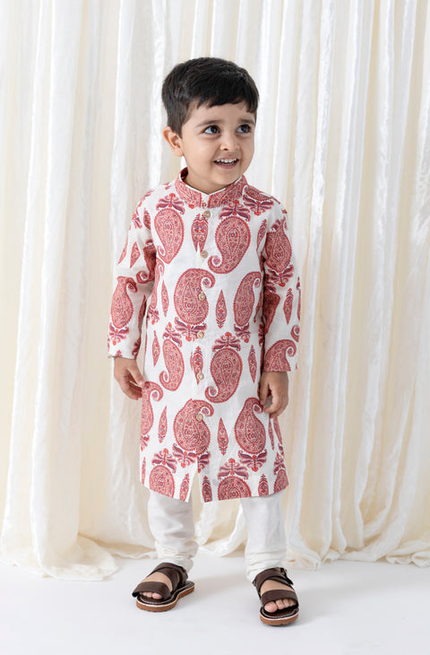 Pre-Order: Boy Paisley Print Kurta Set - Cream
