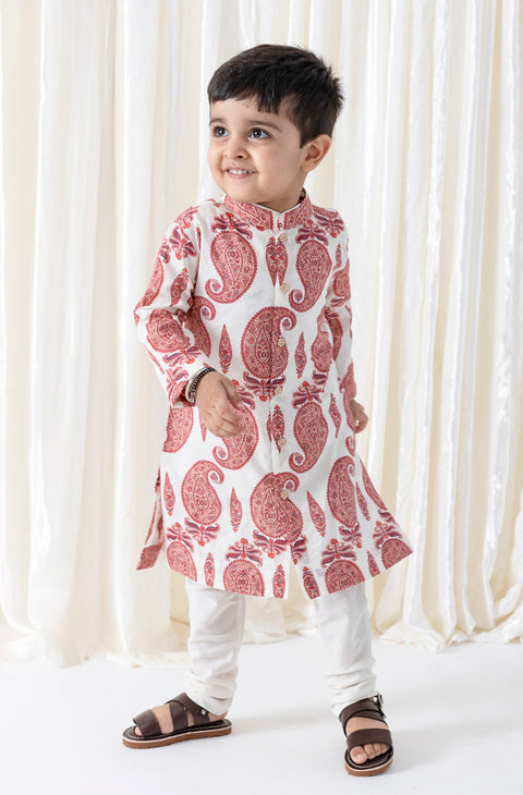 Pre-Order: Boy Paisley Print Kurta Set - Cream