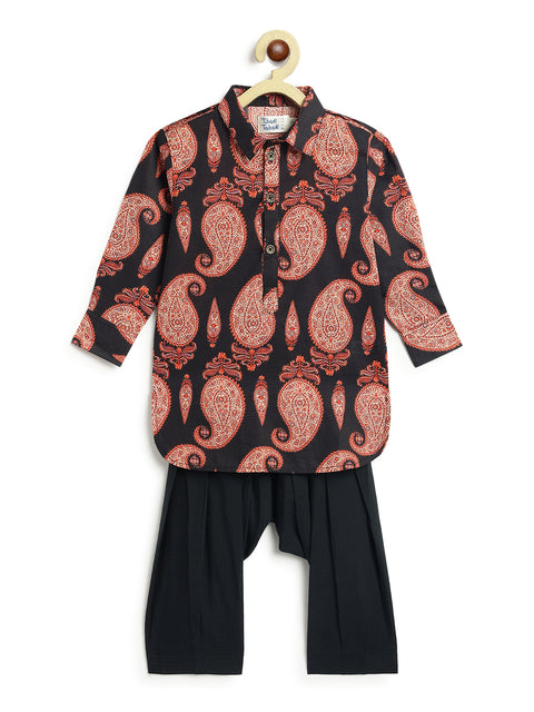 Pre-Order: Boy Paisley Print Pathani Set - Black