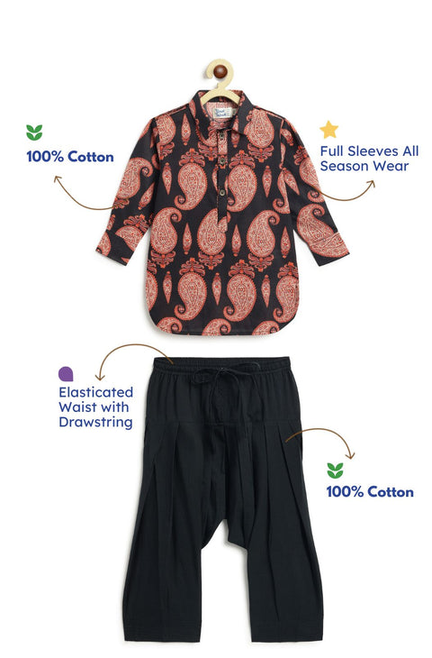 Pre-Order: Boy Paisley Print Pathani Set - Black
