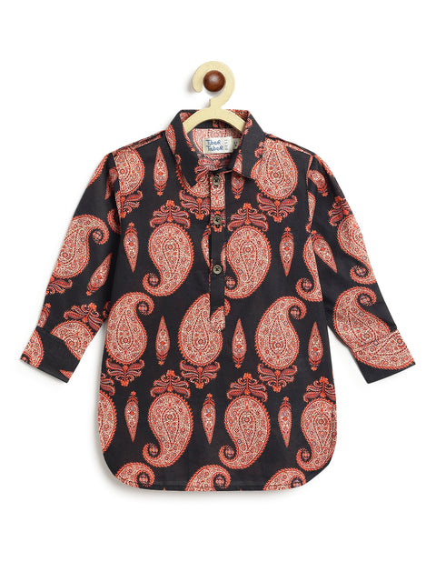 Pre-Order: Boy Paisley Print Pathani Set - Black