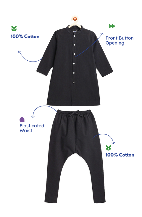 Pre-Order:  Boy Solid Kurta Churidaar Set-Black