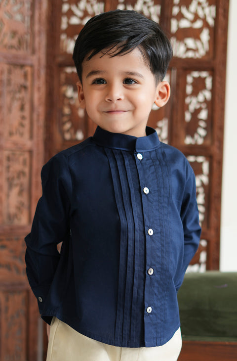 Pre-Order:  Boy Solid Pleated Shirt-Blue
