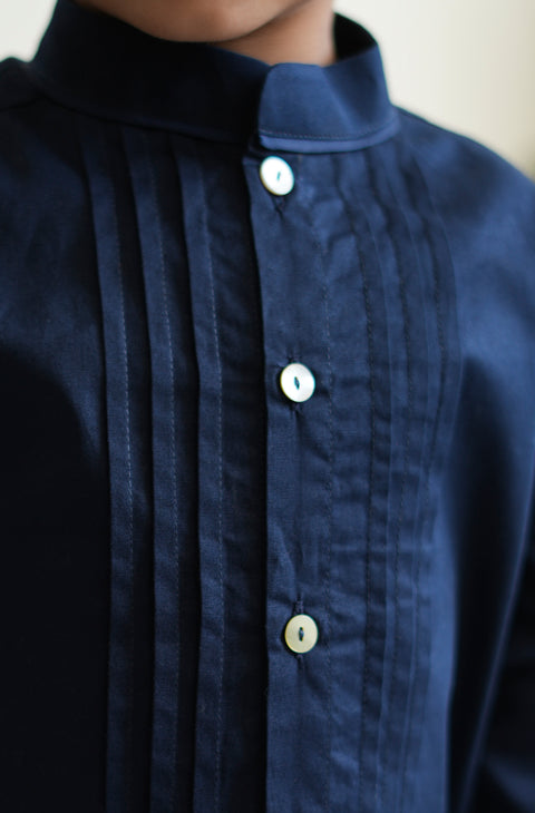 Pre-Order:  Boy Solid Pleated Shirt-Blue