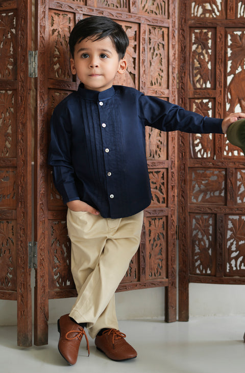 Pre-Order:  Boy Solid Pleated Shirt-Blue