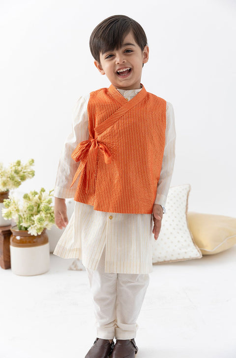 Pre-Order: Boy Stripes Lurex 3 Pc Bundi Set-Orange