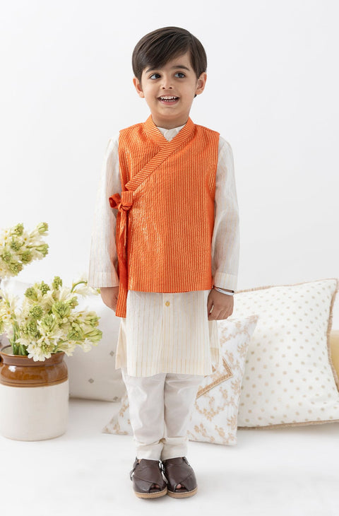 Pre-Order: Boy Stripes Lurex 3 Pc Bundi Set-Orange