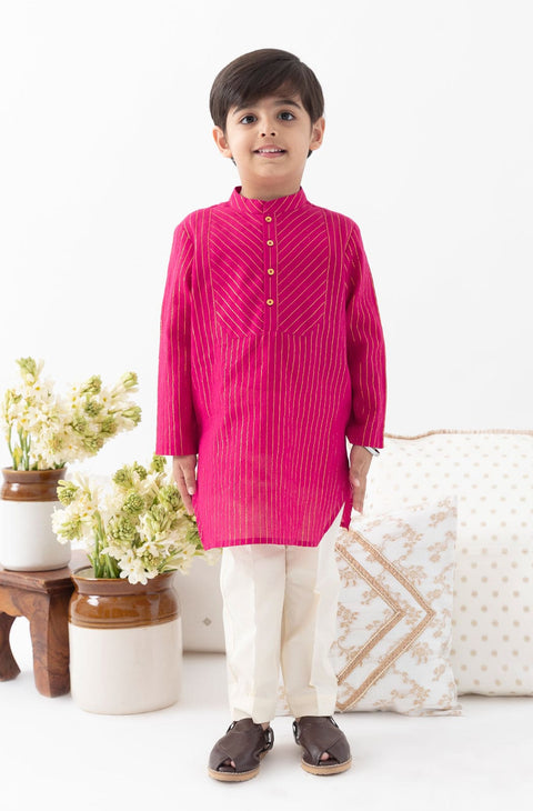Pre-Order: Boy Stripes Lurex Kurta Pyjama Set-Pink