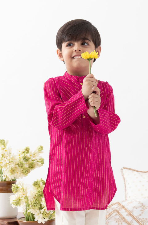 Pre-Order: Boy Stripes Lurex Kurta Pyjama Set-Pink