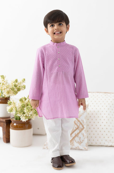 Pre-Order: Boy Stripes Lurex Kurta Pyjama Set-Purple