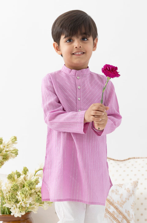 Pre-Order: Boy Stripes Lurex Kurta Pyjama Set-Purple