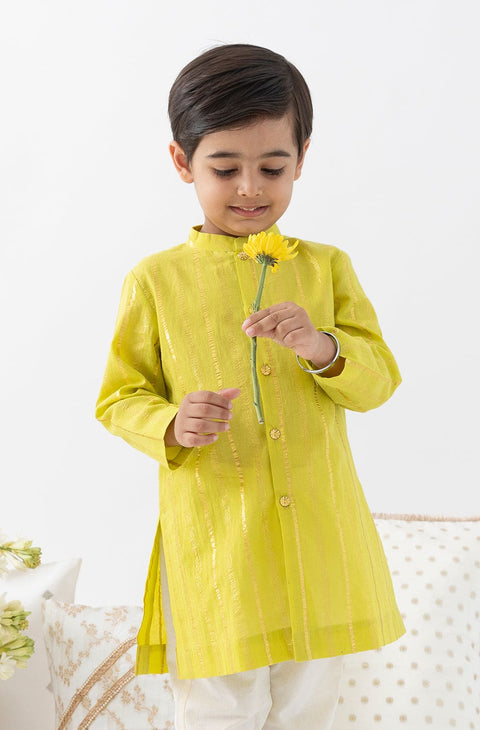 Pre-Order: Boy Stripes Lurex Kurta Pyjama Set-Green