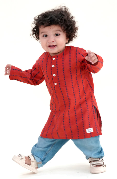 Pre-Order: Boy Triangle Stripes Kurta - Red