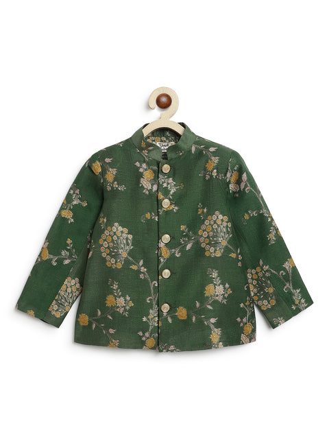 Pre-Order: Boy floral jacquard Bandhgala-Green