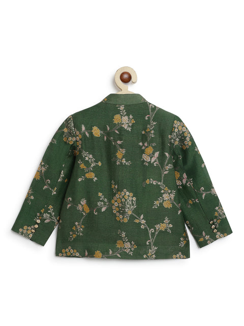 Pre-Order: Boy floral jacquard Bandhgala-Green